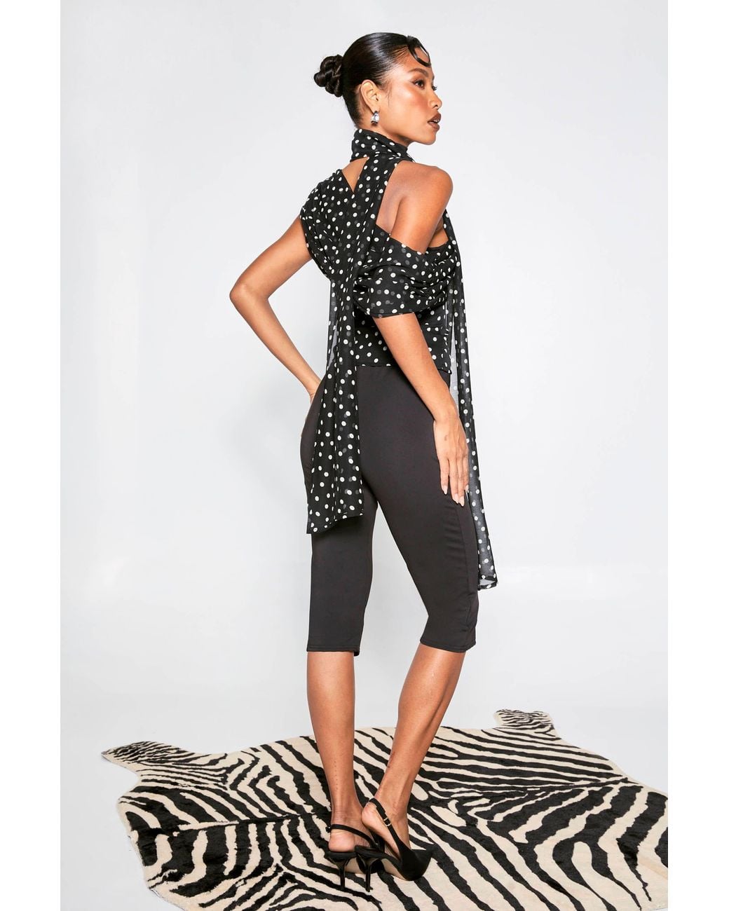 Boohoo Black Polka Dot Chiffon Asymmetric Wrap Top