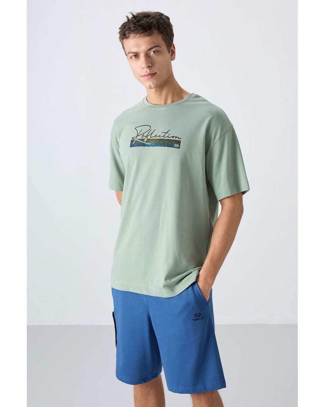 TOMMY LIFE Green Oversized Printed Cotton-Blend T-Shirt for men