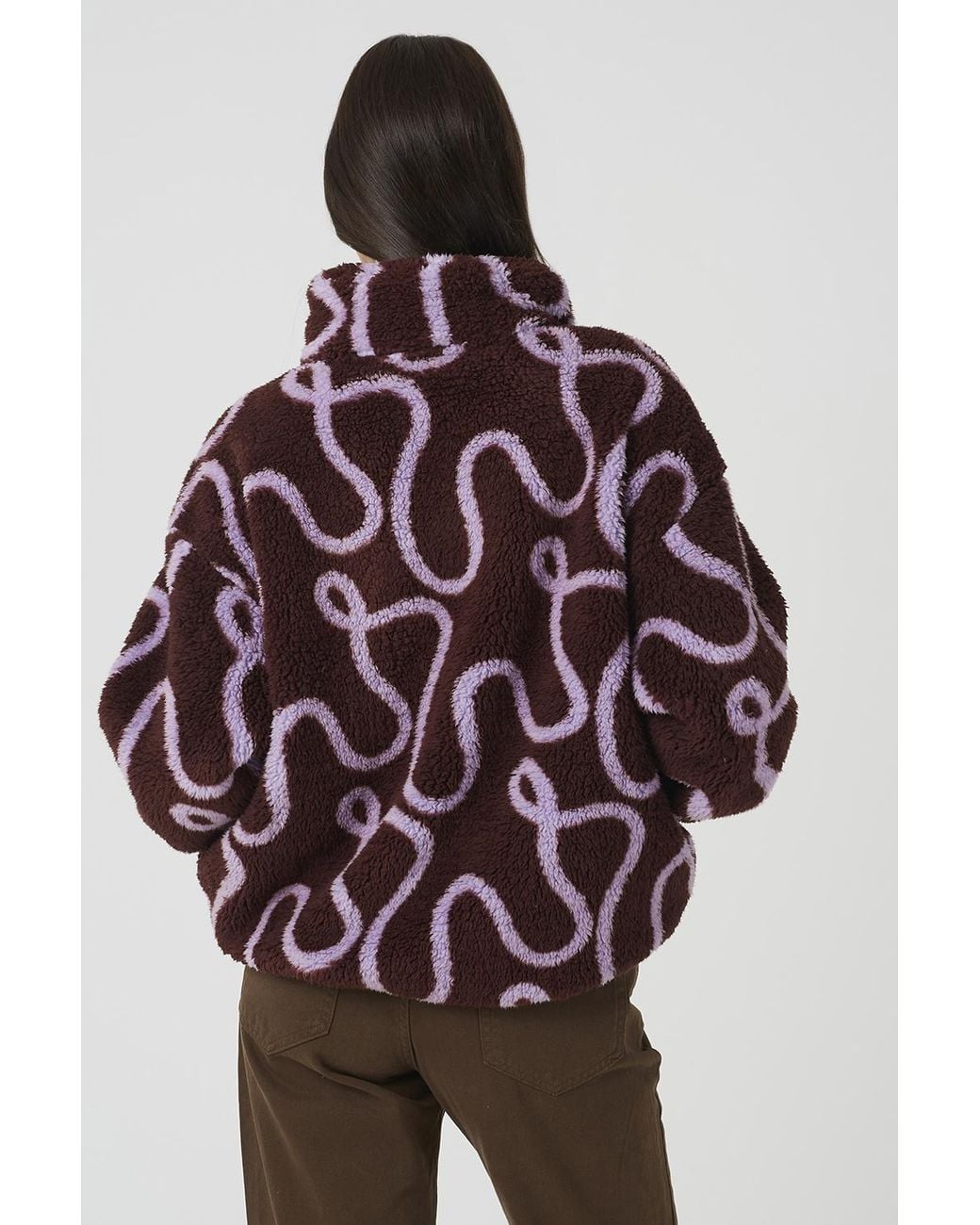Brave Soul Purple Mauve Sherpa Fleece Squiggle Print Sweatshirt