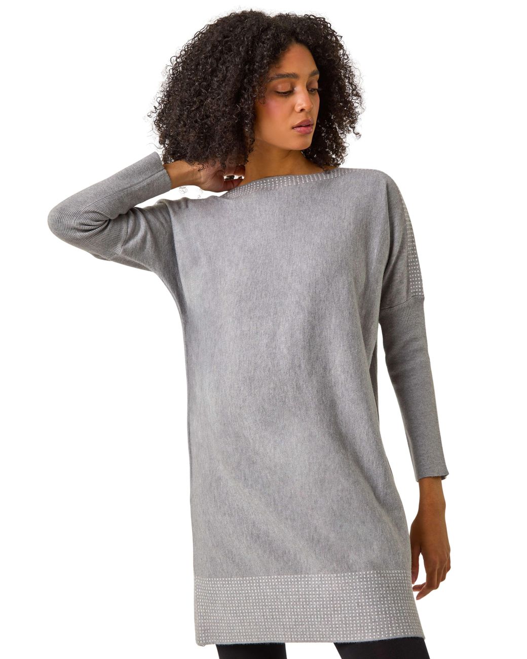 Roman Gray Spot Print Border Knitted Jumper Dress