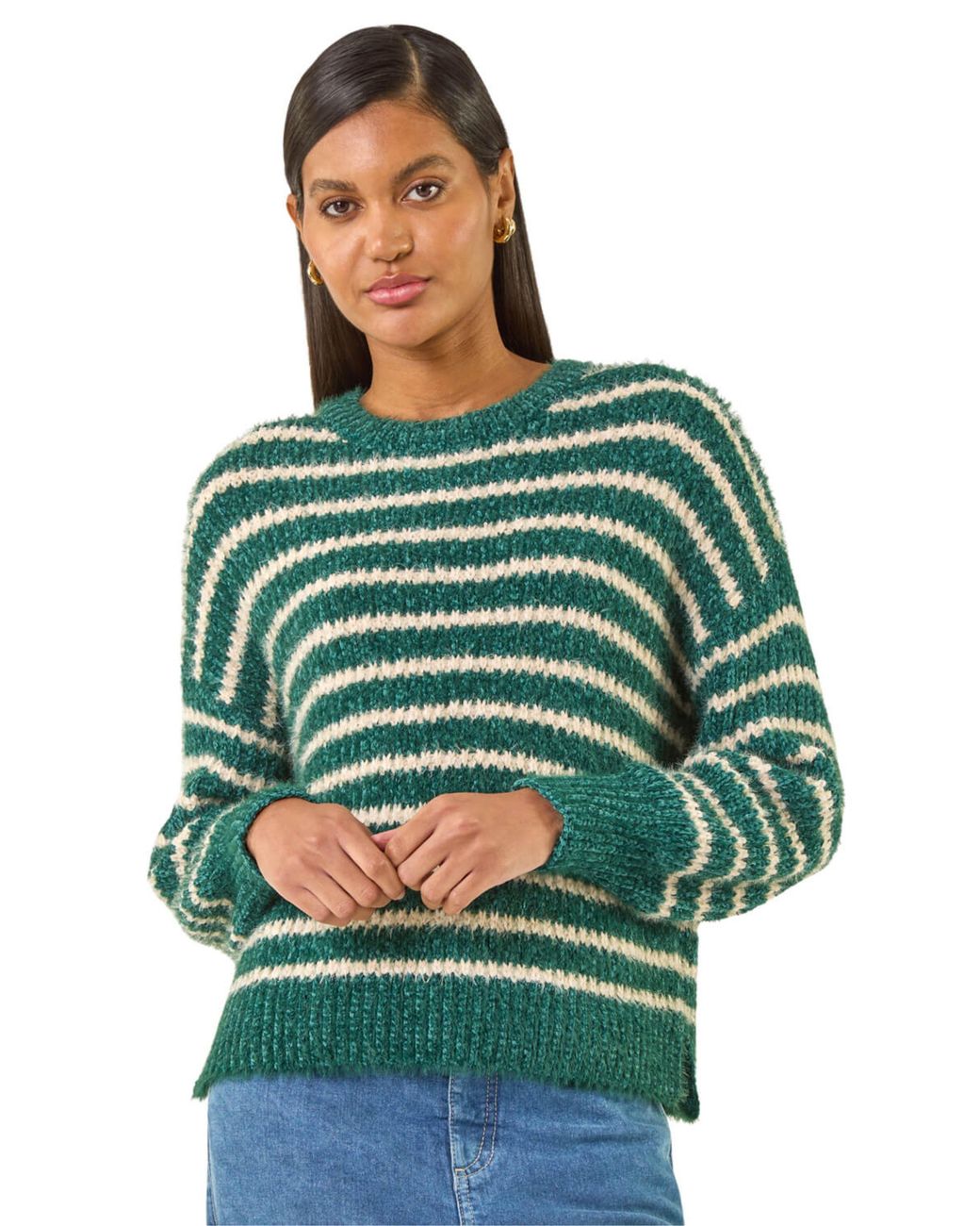 Roman Green Fluffy Stripe Knit Jumper