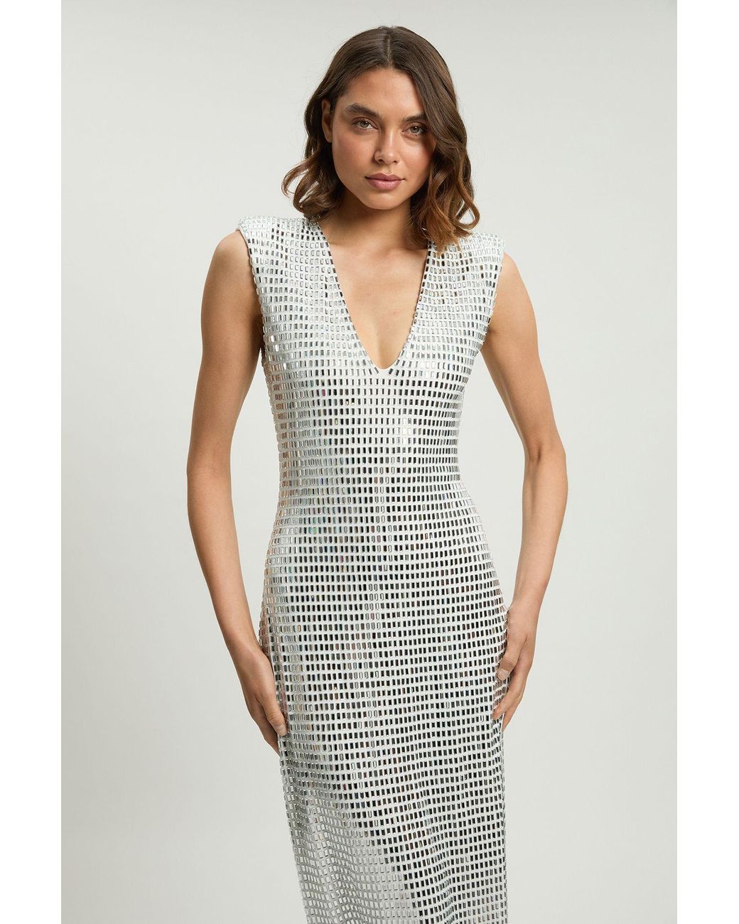 Karen Millen Gray Premium Crystal Embellished Jersey Sleeveless Plunge Neck Midi Dress