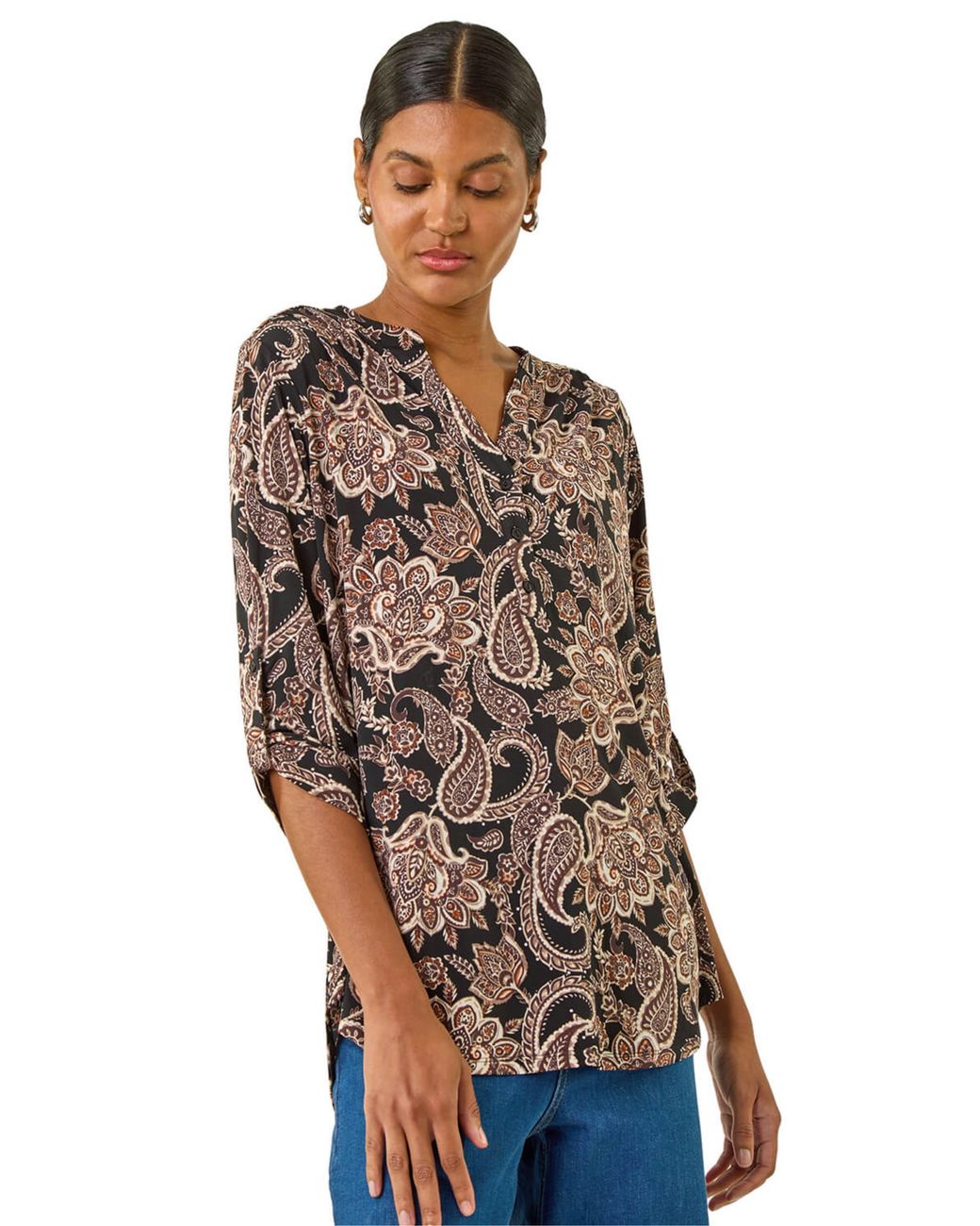 Roman Brown Paisley Print V-Neck Stretch Shirt