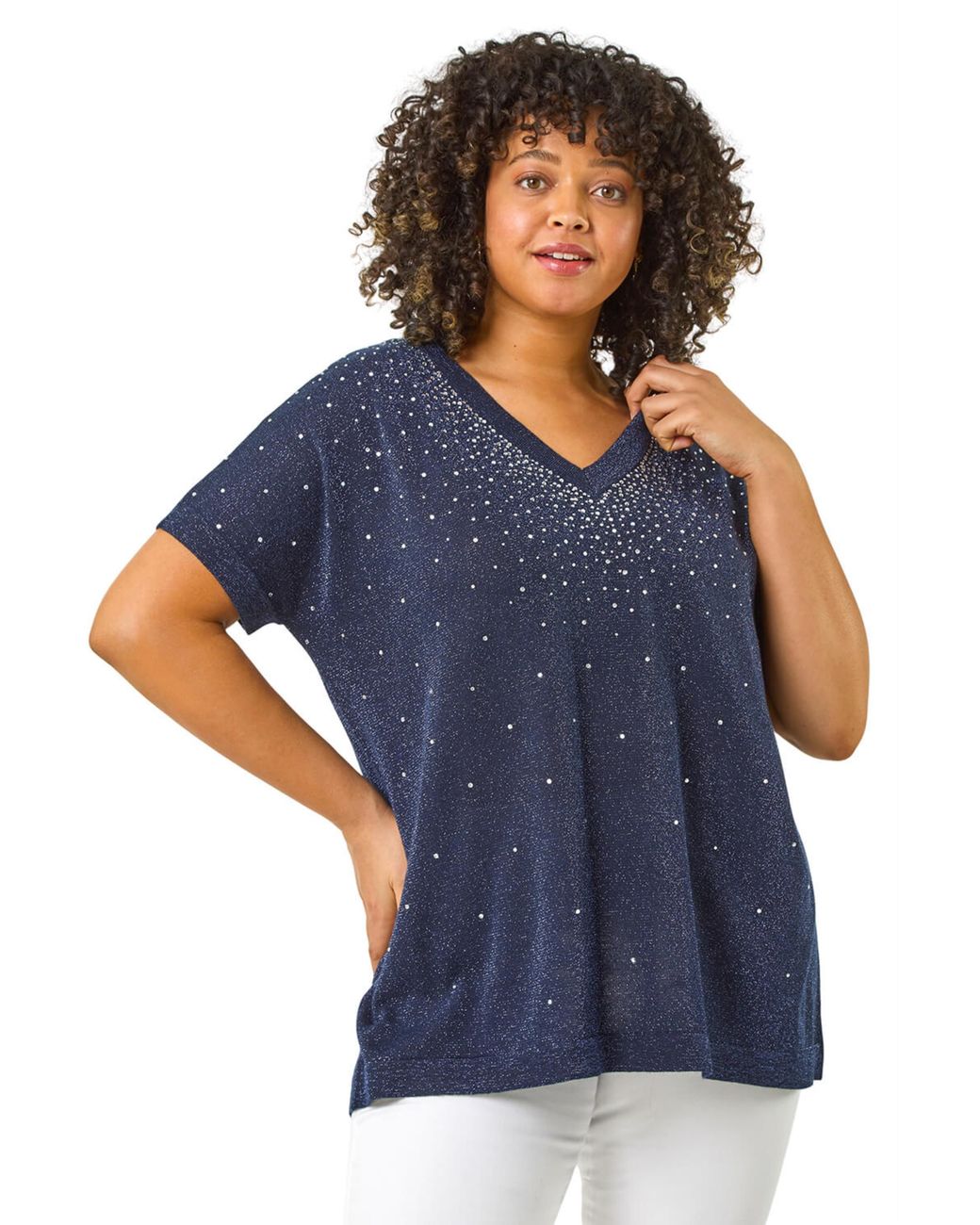 Roman Blue Curve Shimmer Hotfix Knit Top
