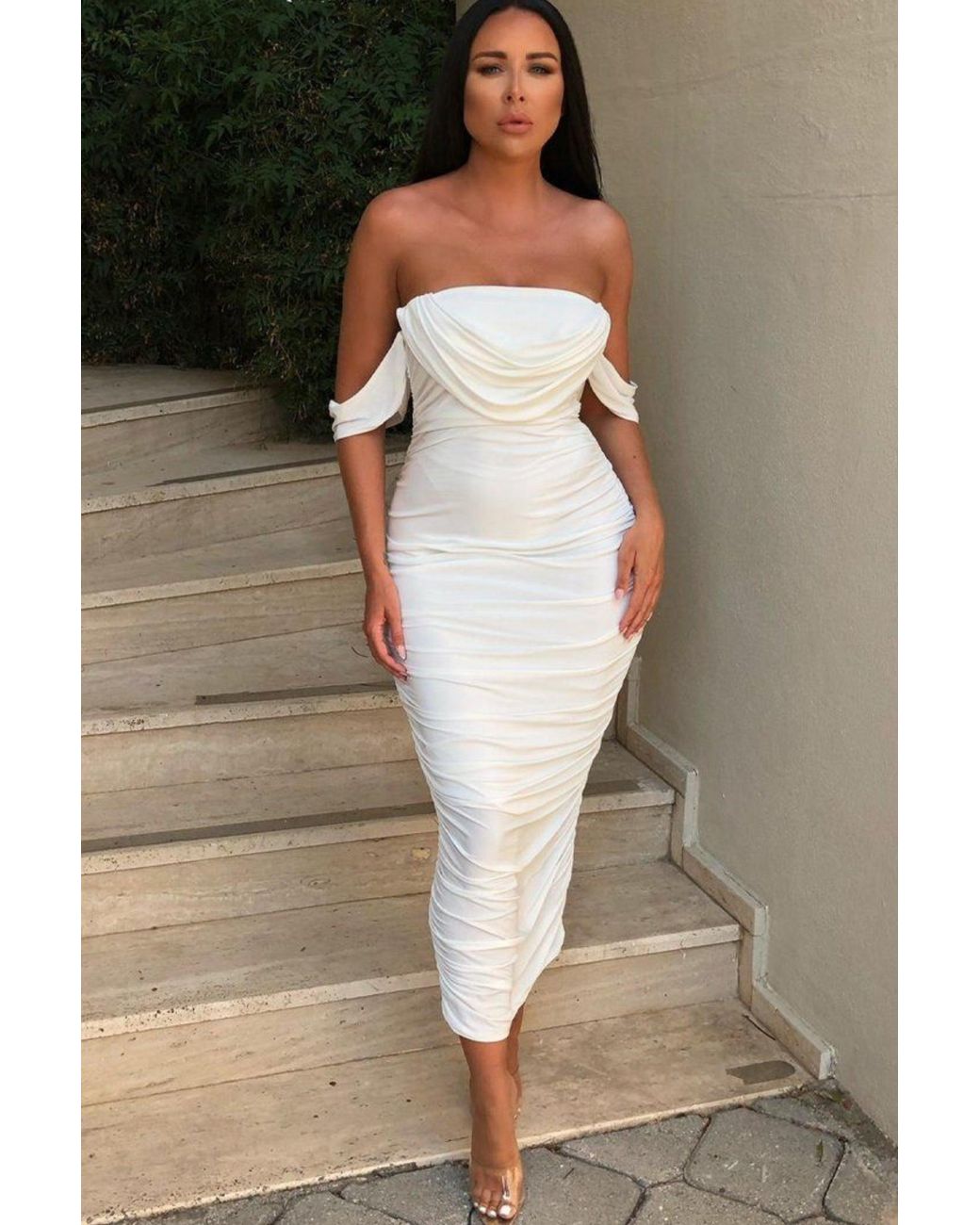 Femme Luxe Brown Bardot Cowl Neck Ruched Midi Dress
