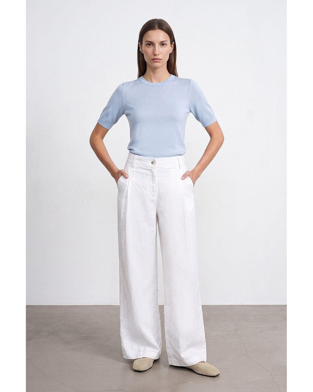 Dilvin White High-Waist Wide-Leg Linen Trousers