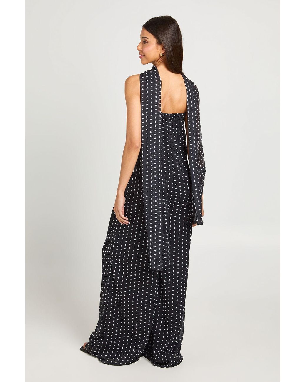 Boohoo Blue Mono Polka Dot Scarf Detail Wide Leg Jumpsuit