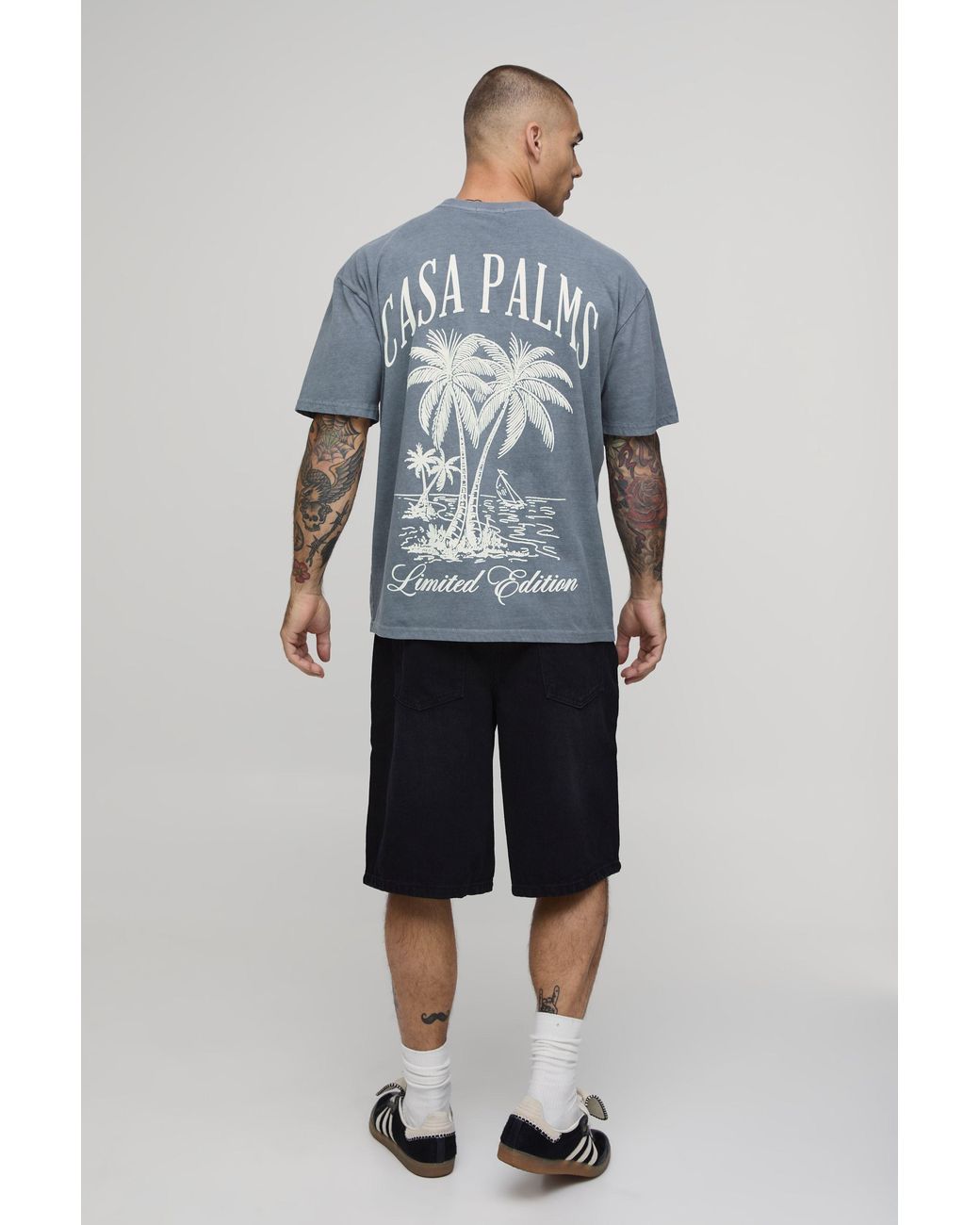 BoohooMAN Blue Washed Oversized Casa Palms Print T-Shirt for men