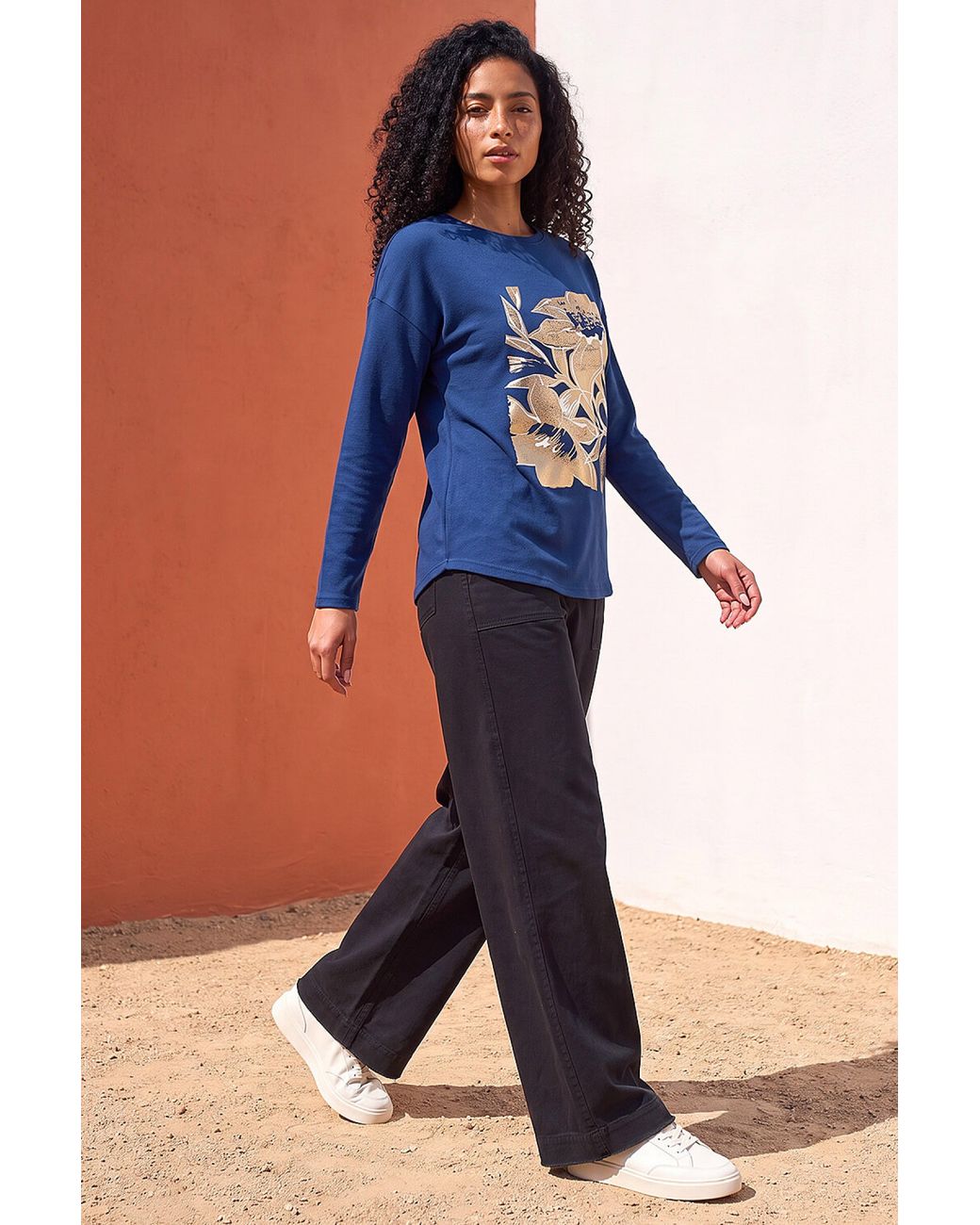 Roman Blue Floral Foil Print Snit Top