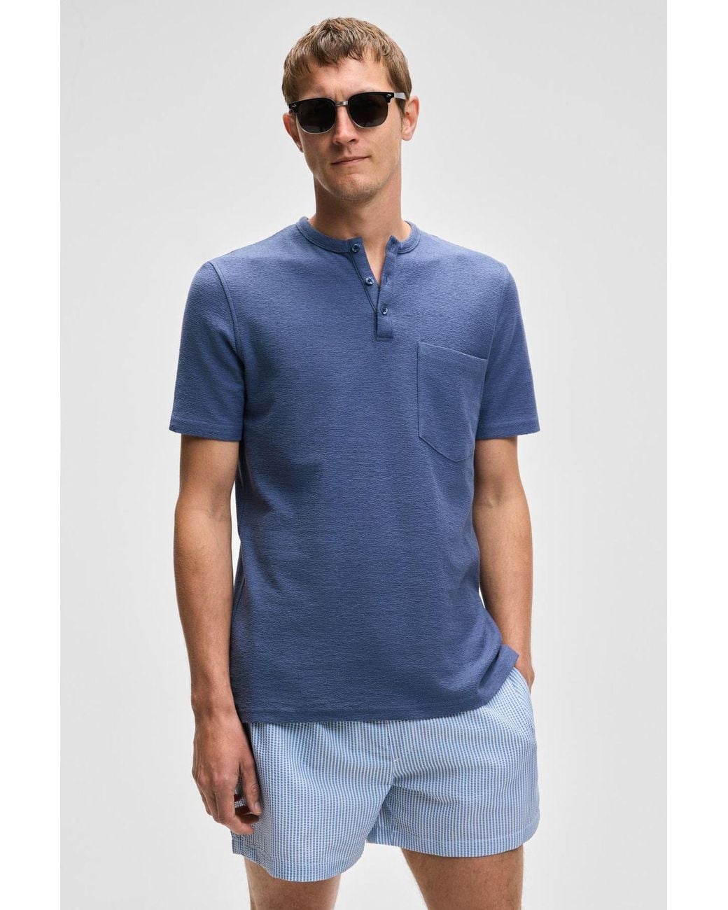 Grimelange Blue Mandarin Collar Button T-Shirt for men