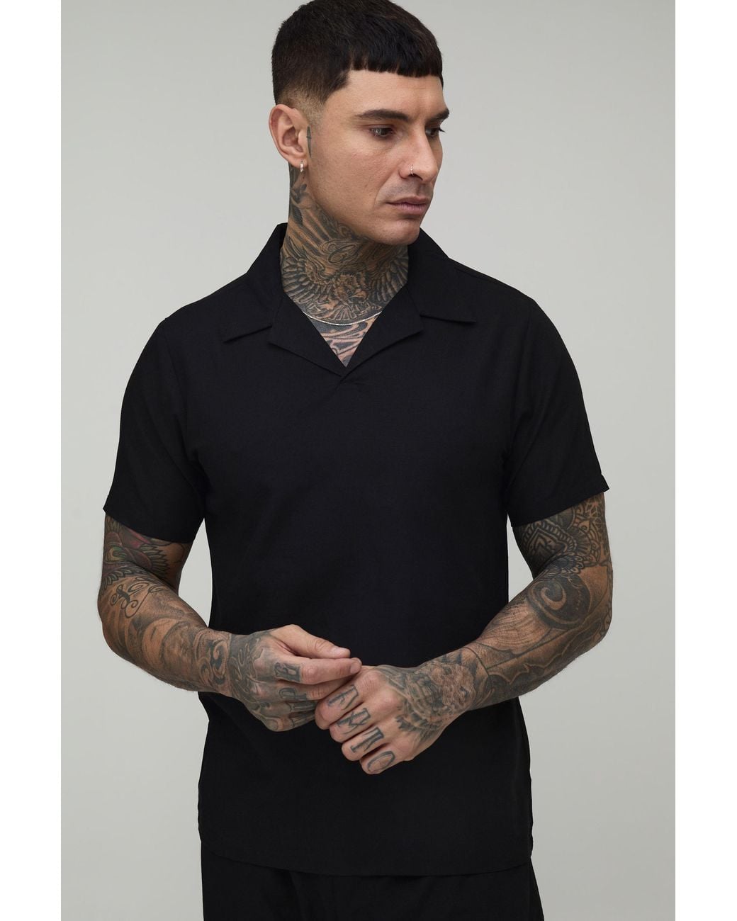 BoohooMAN Black Tall Linen Blend Slim Revere Polo for men