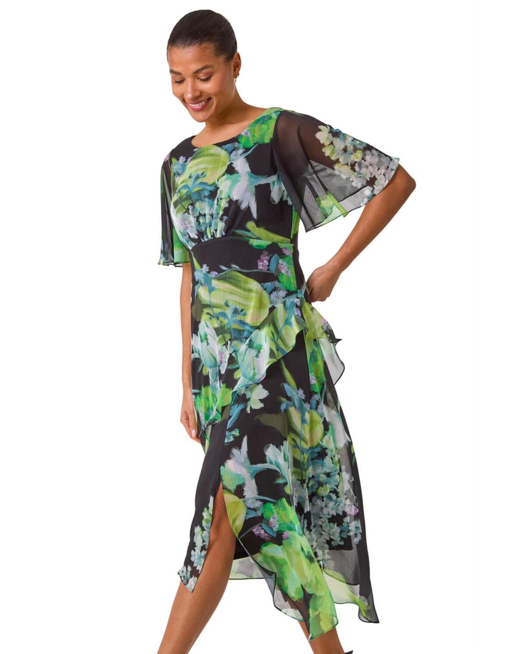 Roman Green Botanical Floral Frill Dress