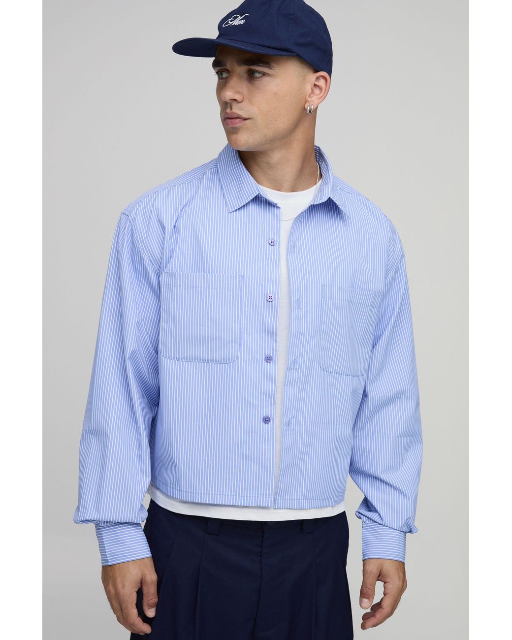 BoohooMAN Blue Oversized Crop Stripe Shirt for men