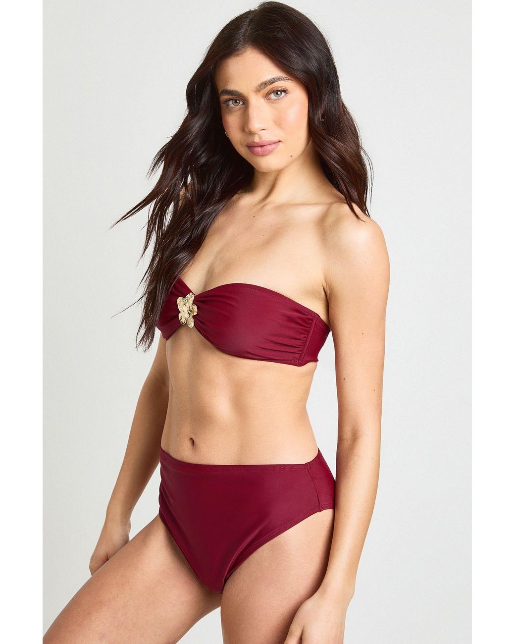 Boohoo Red Trim Bandeau Bikini Top And High Waist Bottom