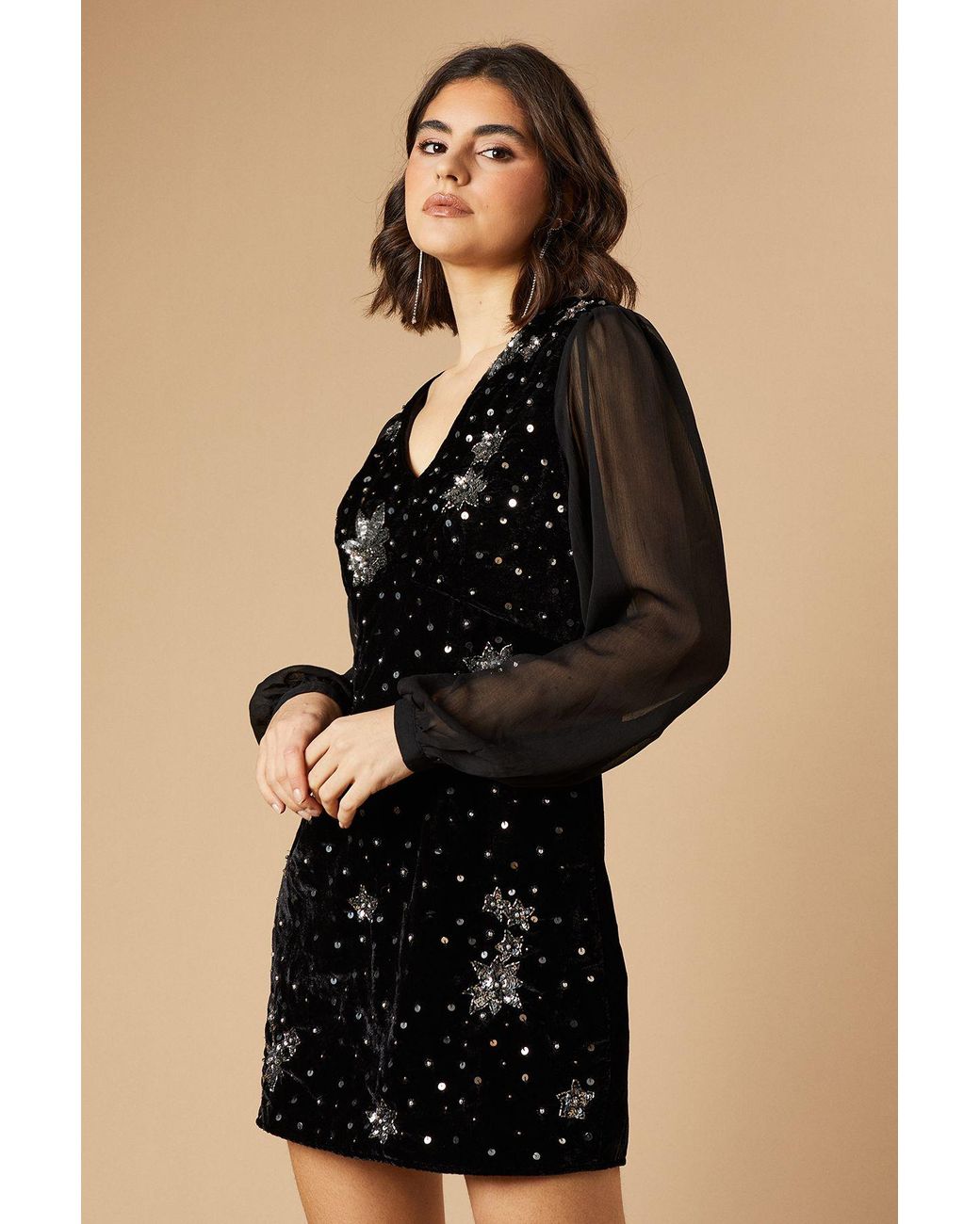 Oasis Occasion Premium Velvet Star Embellished Mini Dress in Black