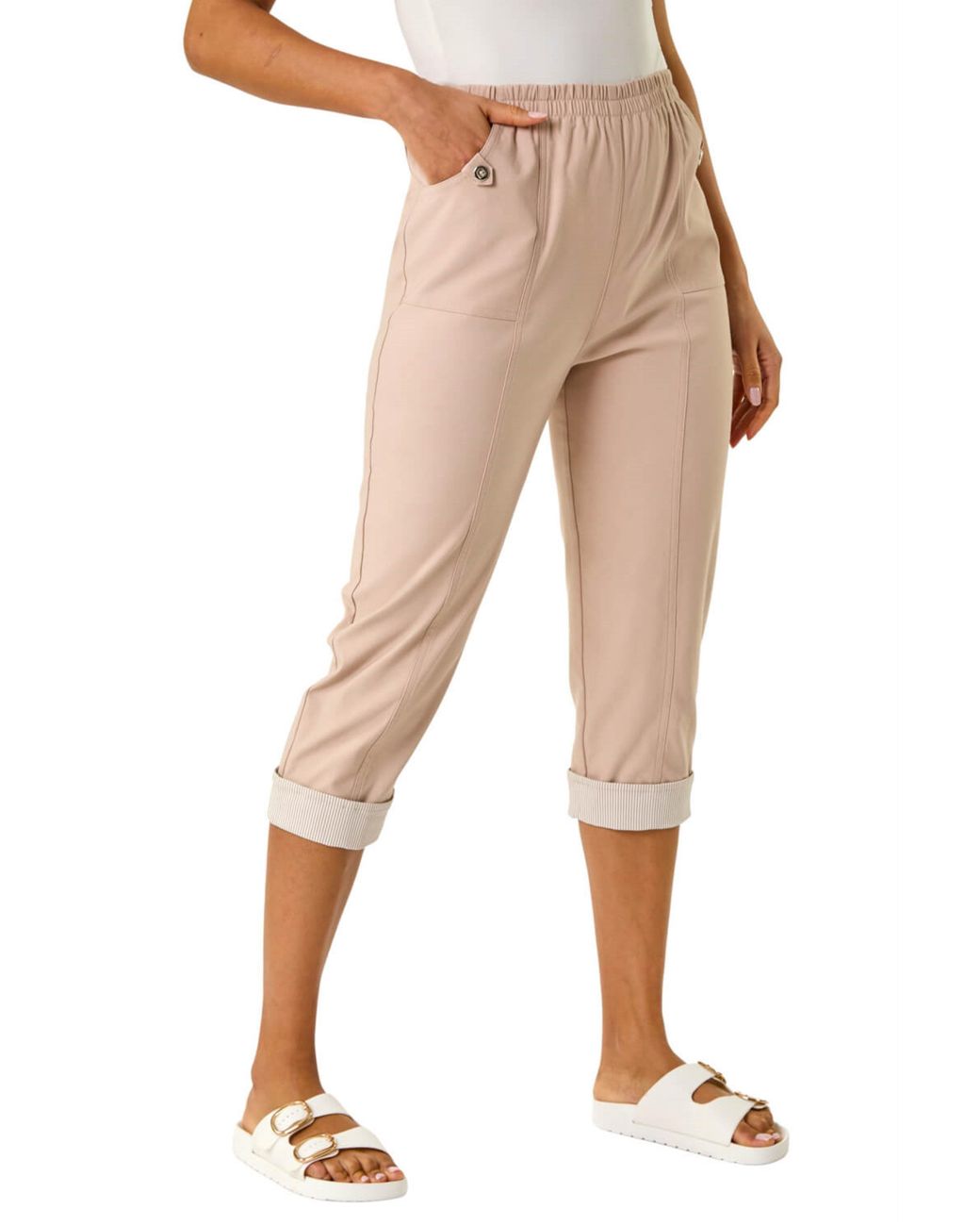Roman Multicolor Contrast Detail Cropped Stretch Trousers