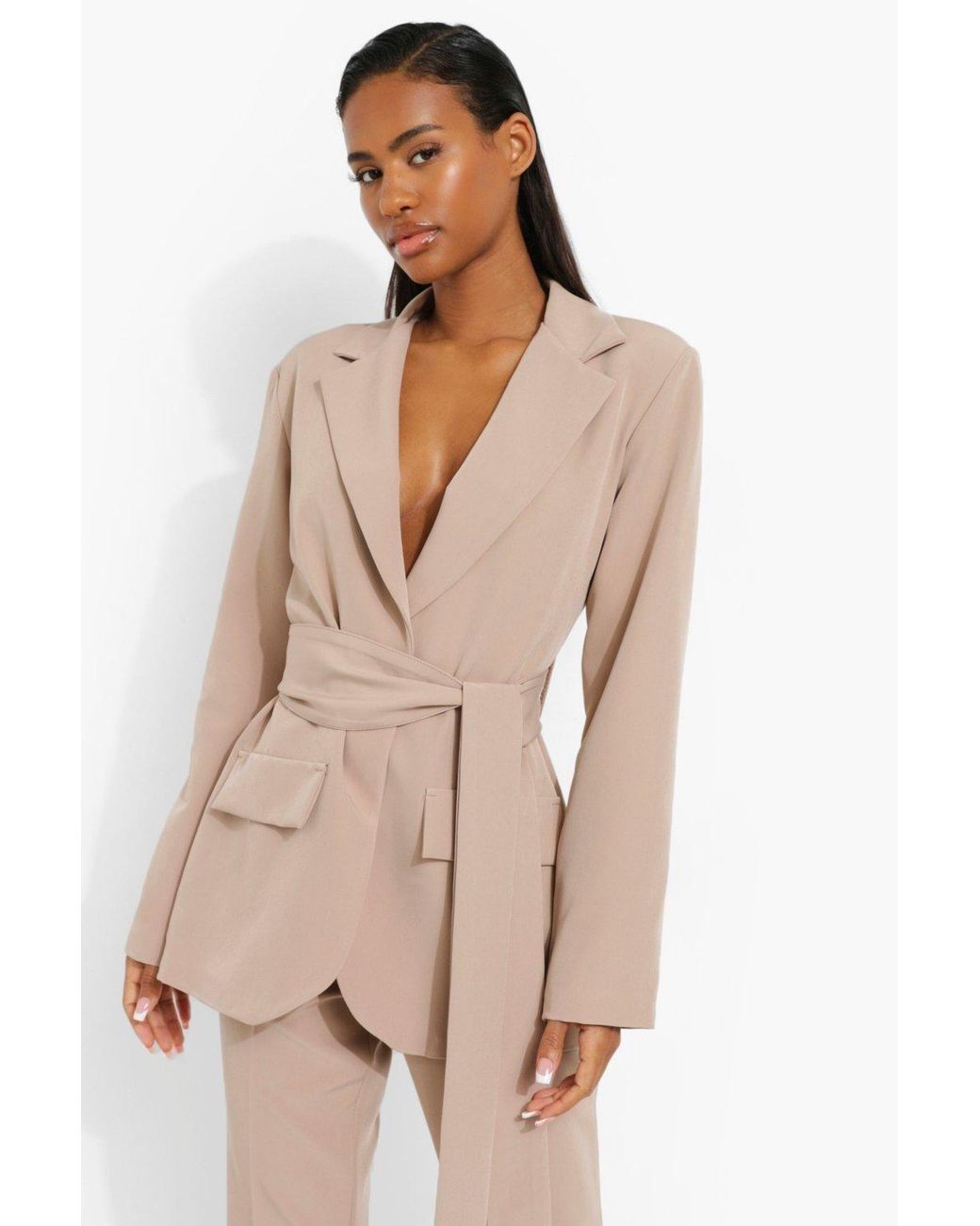 Boohoo Natural Obi Tie Waist Tailored Blazer
