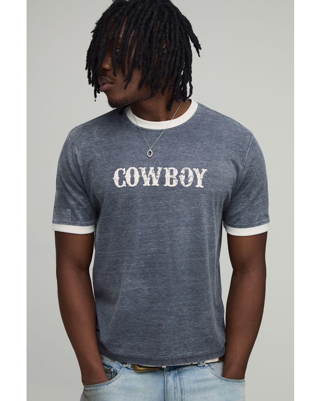 BoohooMAN Blue Tall Regular Ringer Slub Cowboy Club Puff Print T-Shirt for men