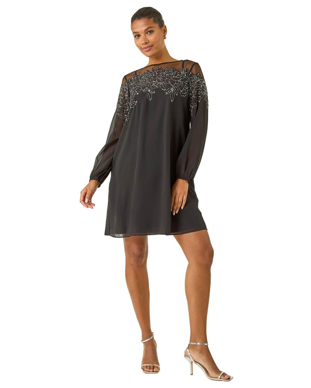 Roman Black Illusion Mesh Neck Sequin Dress