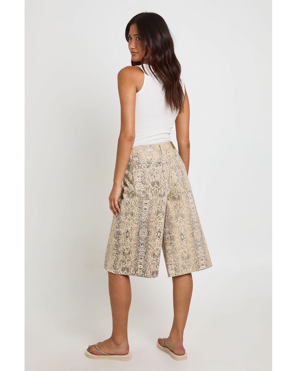Boohoo Natural Snake Print Longline Mid Rise Denim Jort