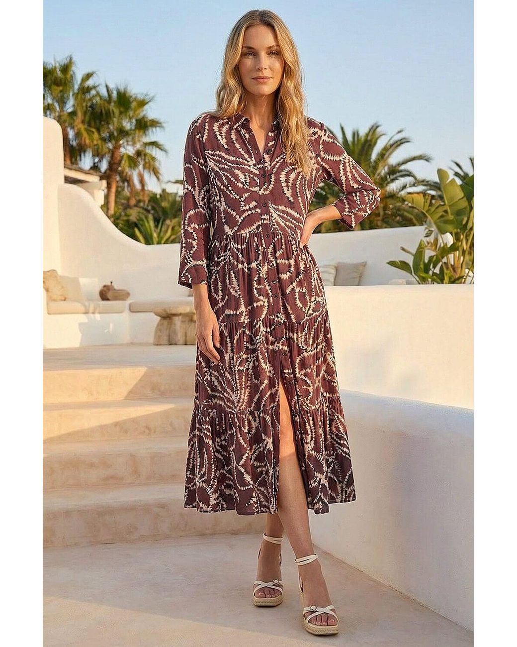 Roman Brown Petite Tiered Midi Dress