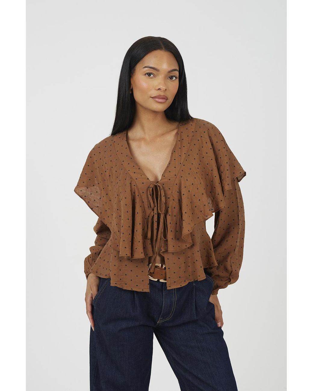 Brave Soul Blue Long Sleeve Top With Frill Detail