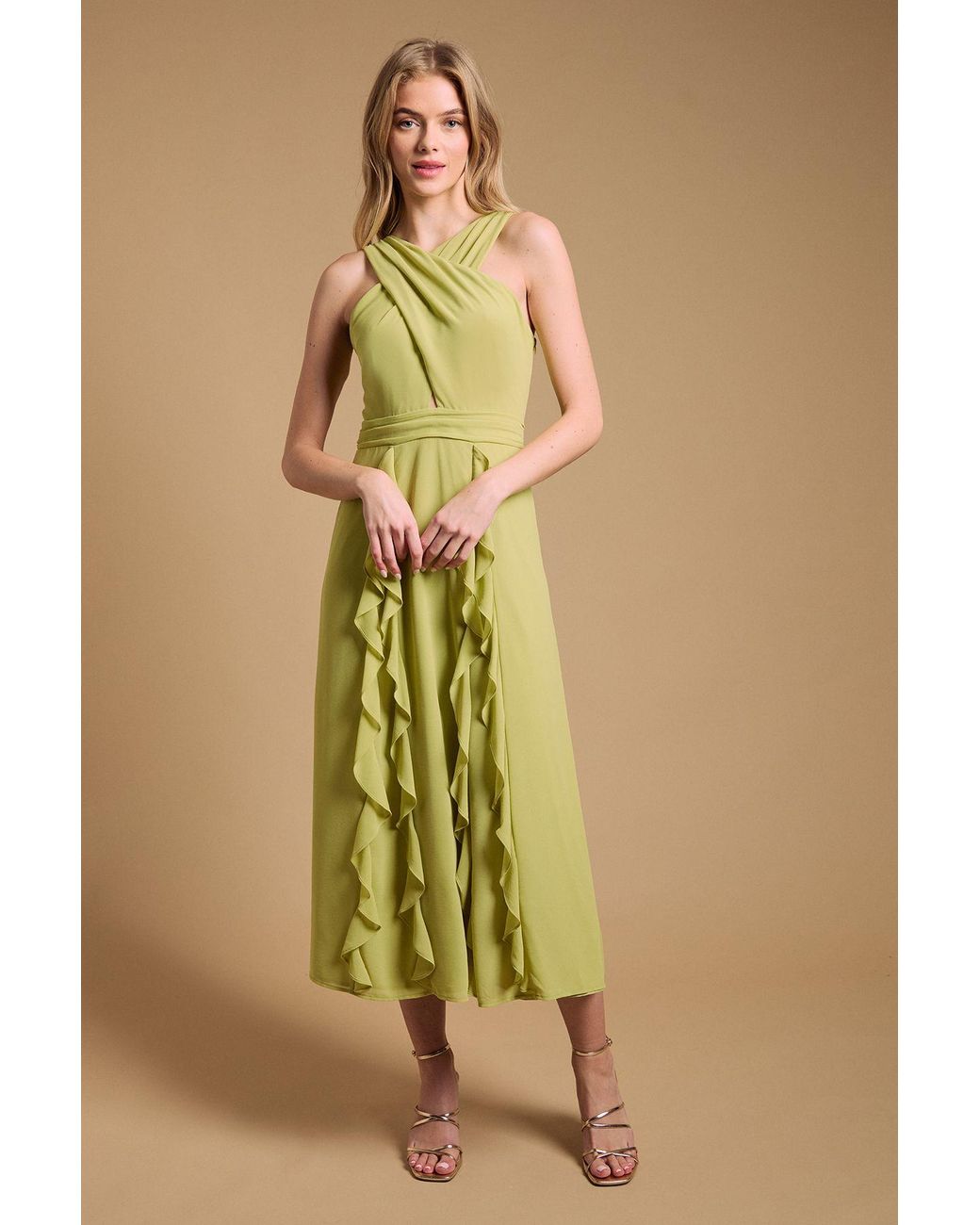 Oasis Green Halter Neck Ruffle Maxi Dress