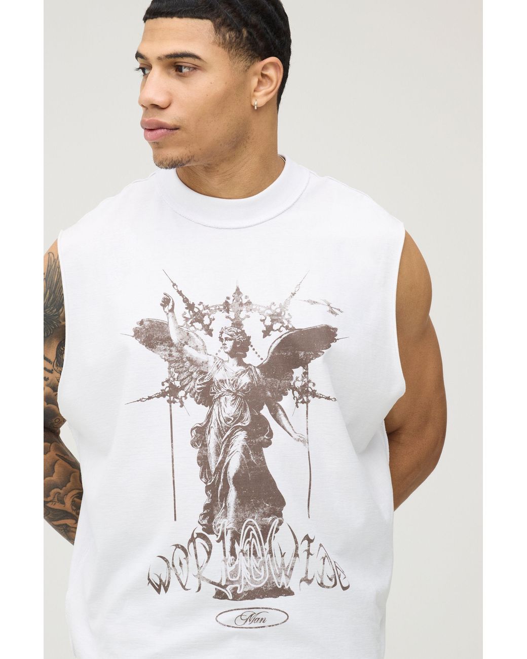 BoohooMAN White Oversized Boxy Exposed Seam Renaissance Print Tank Cotton for men
