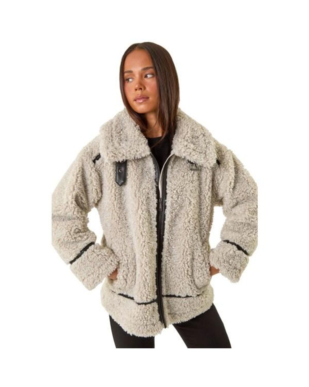 Roman Brown Petite Borg Contrast Aviator Coat