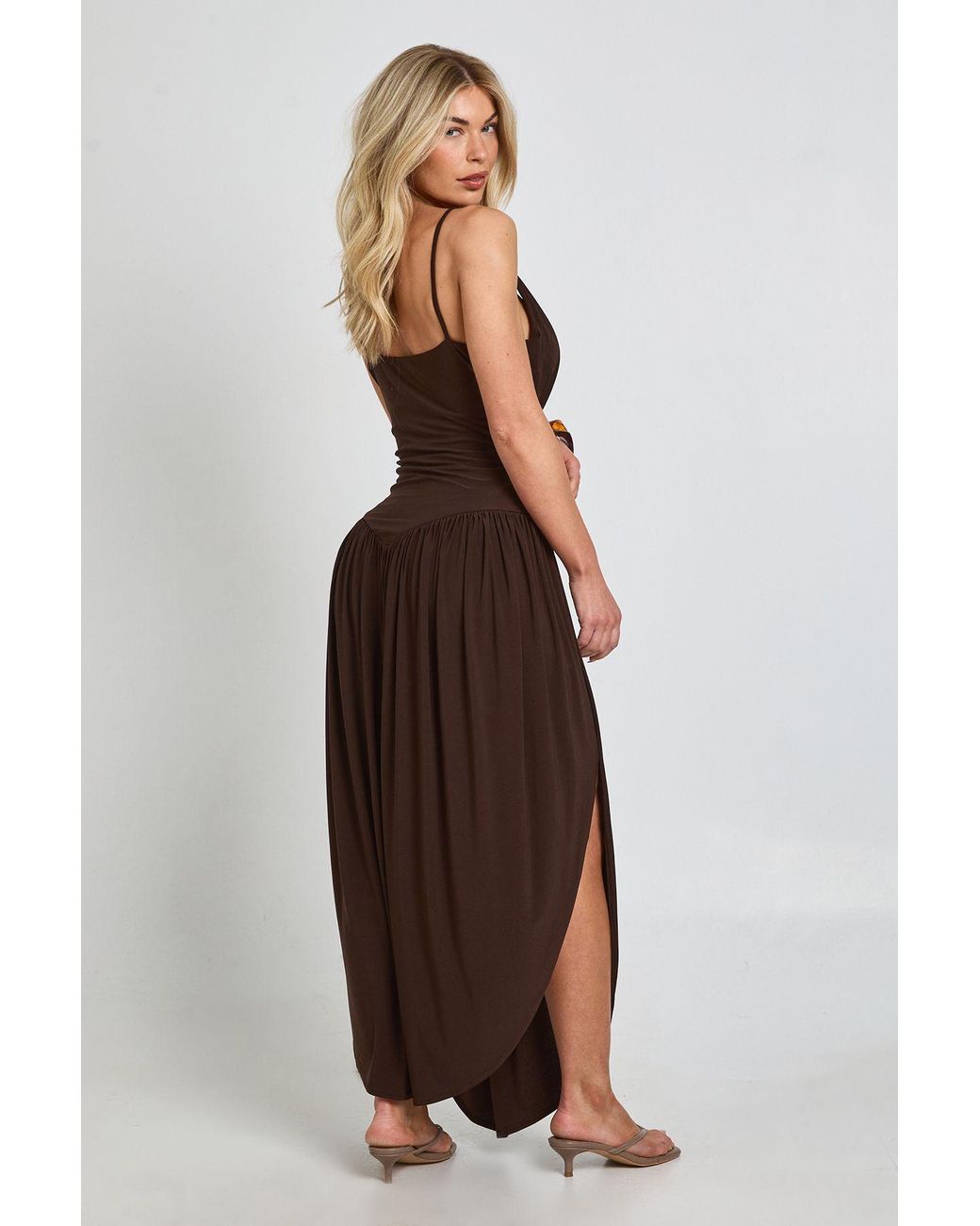 Boohoo Brown Slinky Cami Maxi Dress With Ruched Waistband