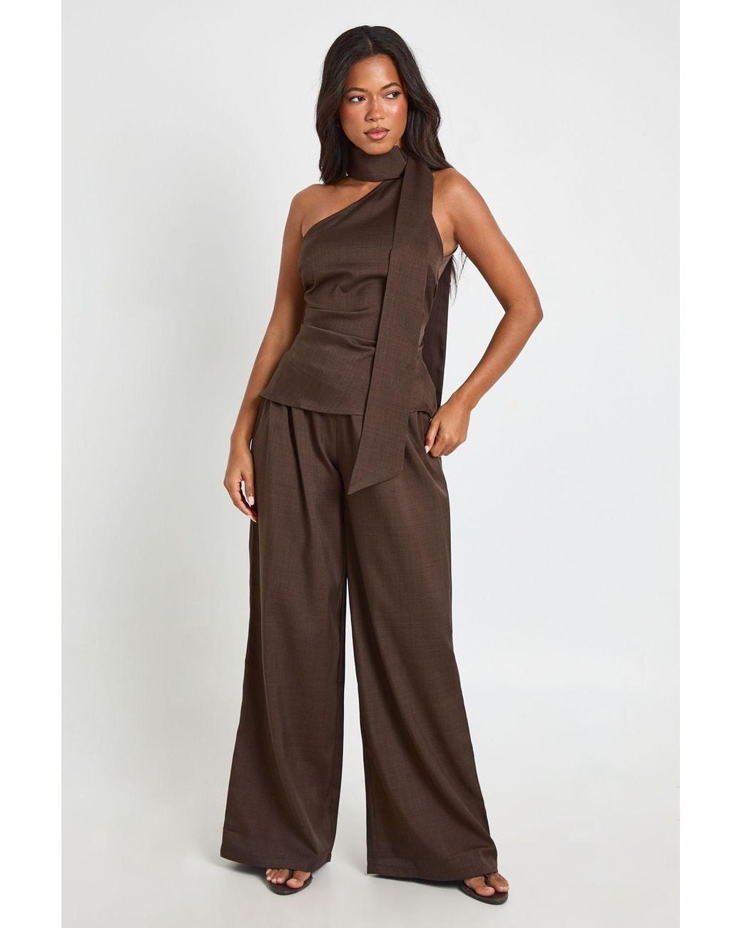 Boohoo Brown Crepe Scarf Top And Wide Leg Trouser Co-Ord Set