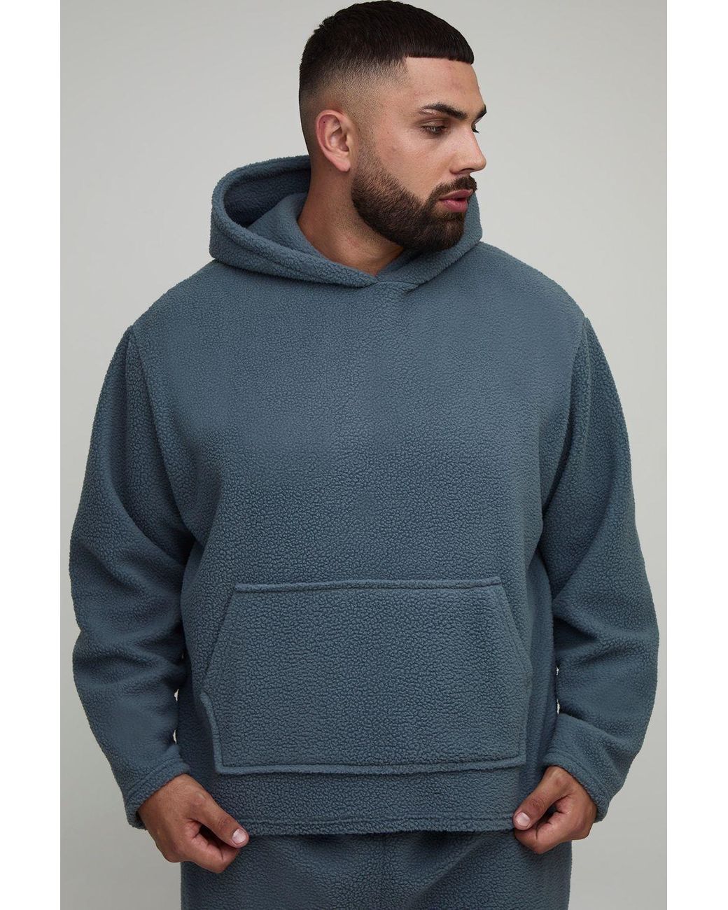 BoohooMAN Blue Plus Borg Oversized Boxy Hoodie for men