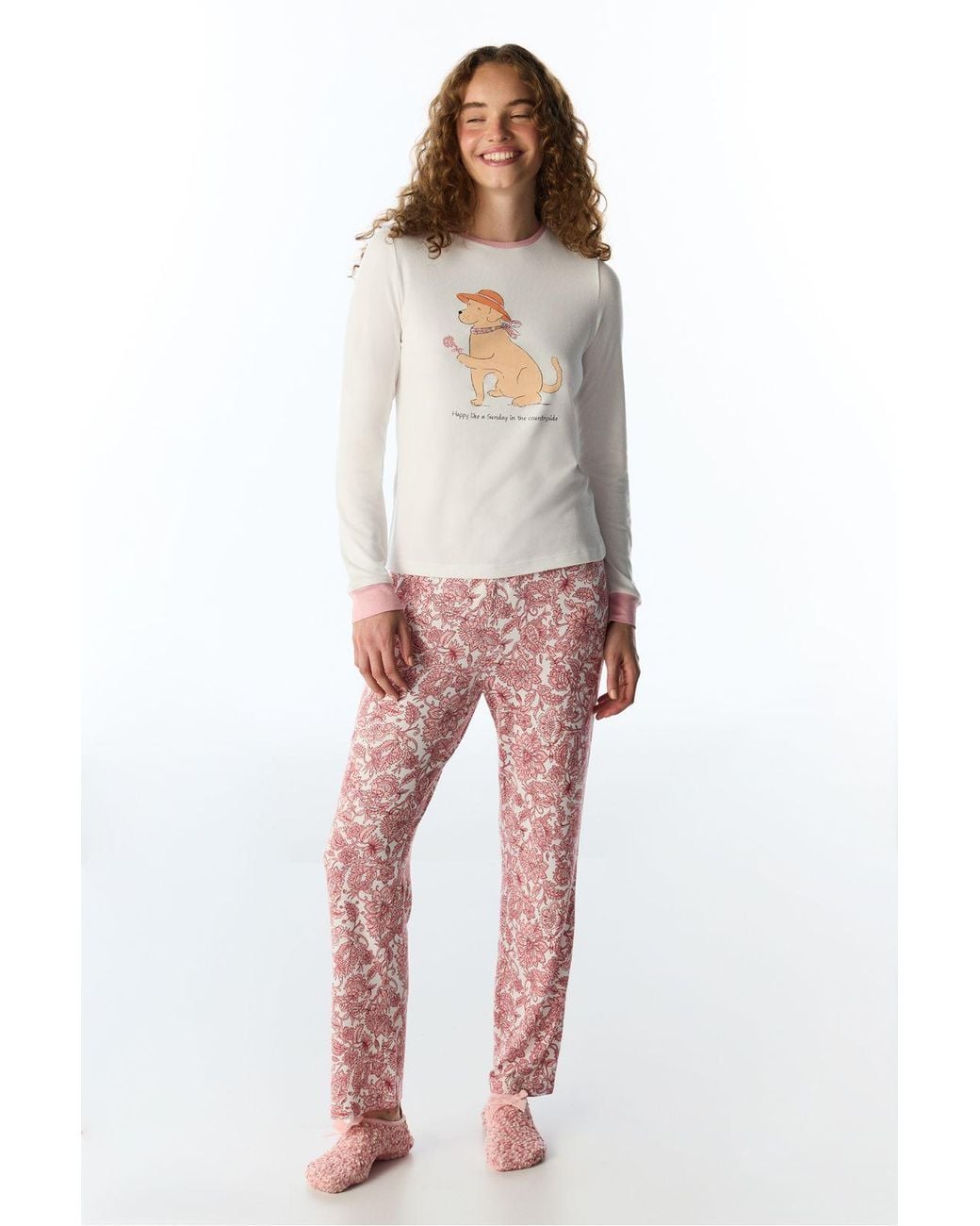 Penti White Kırık Countryside Dog Pattern Long Sleeve Pajama Top