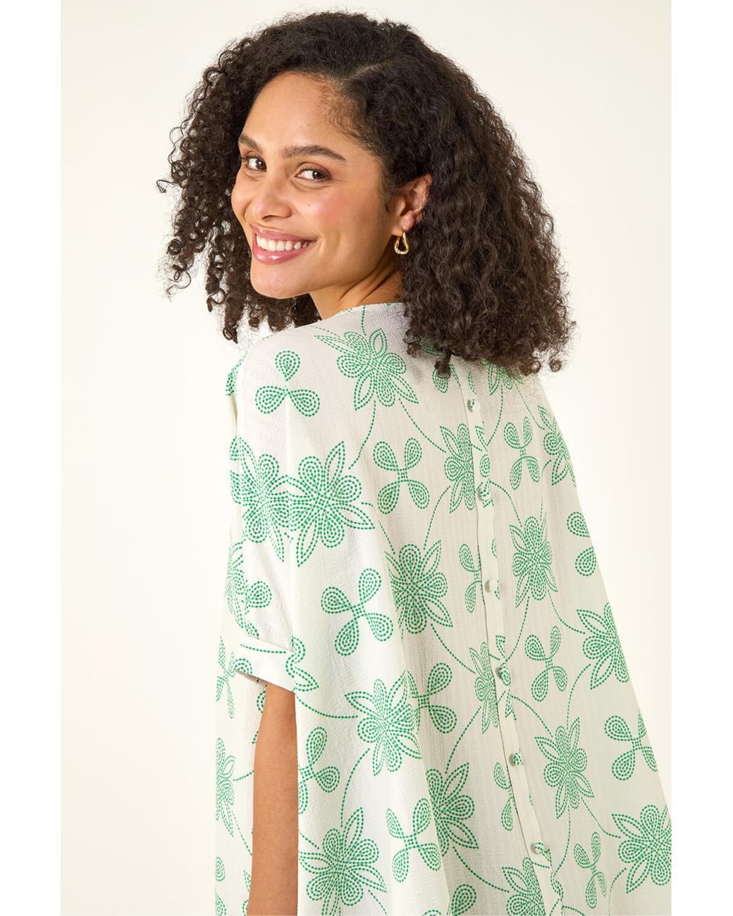 Roman Green Floral Textured Buttoned Back Top