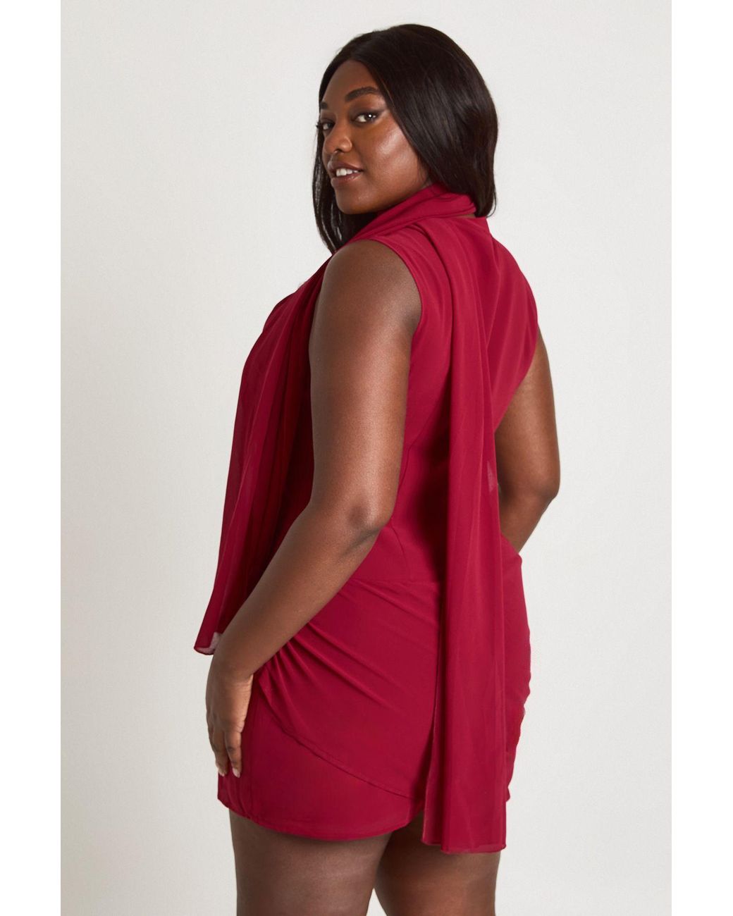 Boohoo Red Plus Chiffon Cowl Neck Sleeveless Scarf Mini Dress