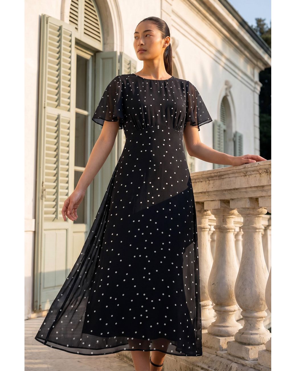 Roman Black Petite Spot Dot Chiffon Dress