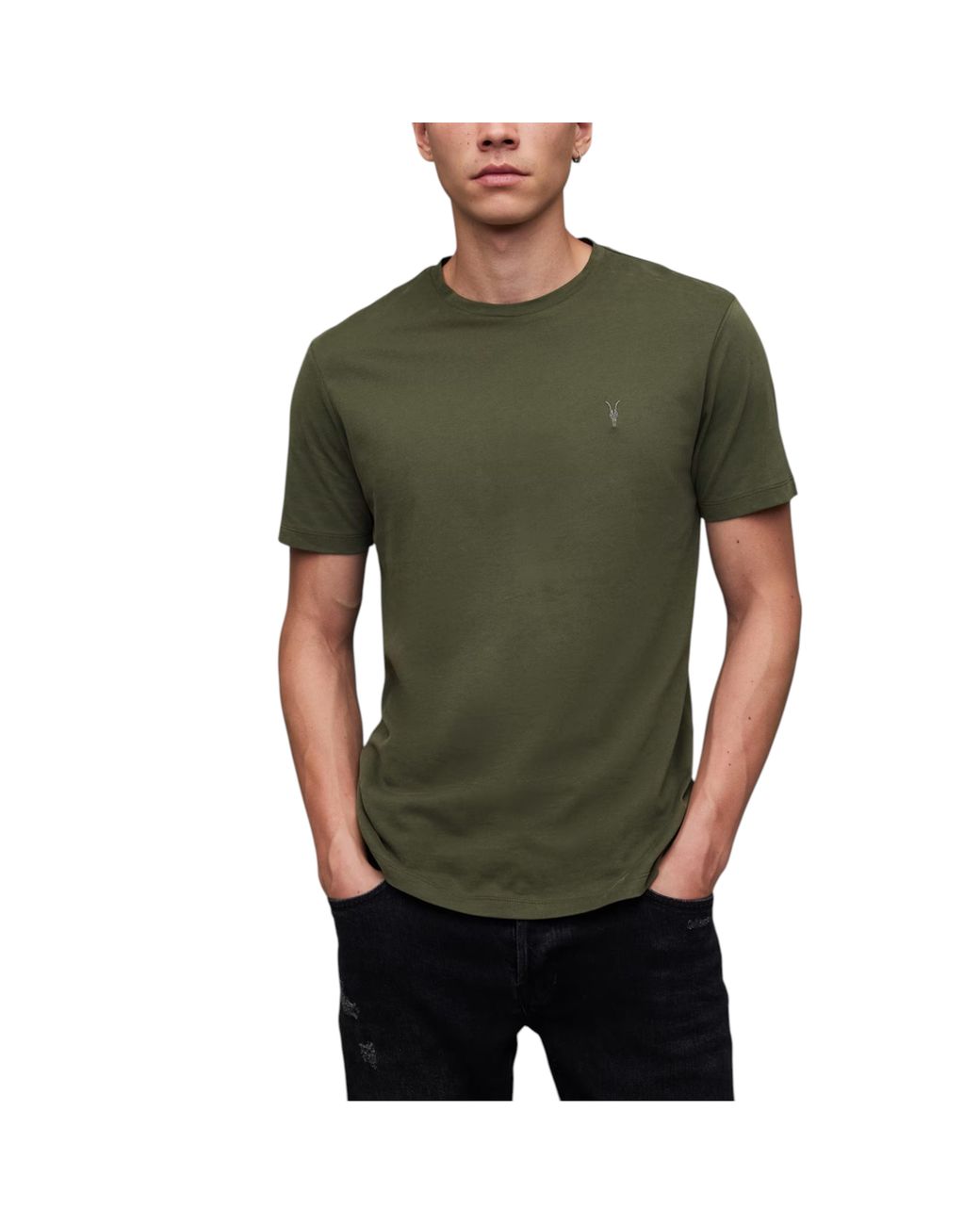 AllSaints Green T Shirts Crew Neck Slim Short Sleeve Casual Summer Cotton Tee for men