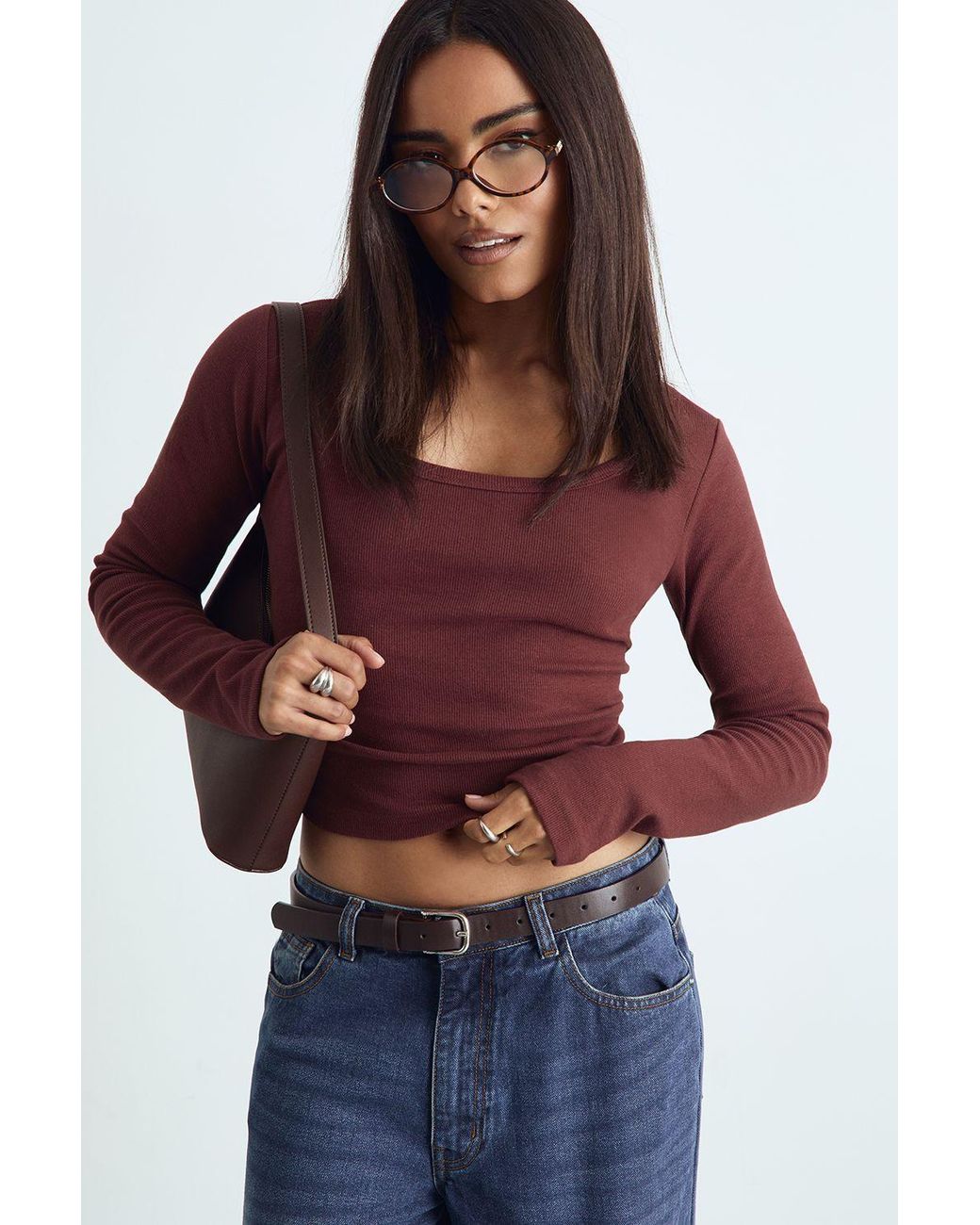 Boohoo Red Basic Rib Scoop Neck Fitted Long Sleeve Top