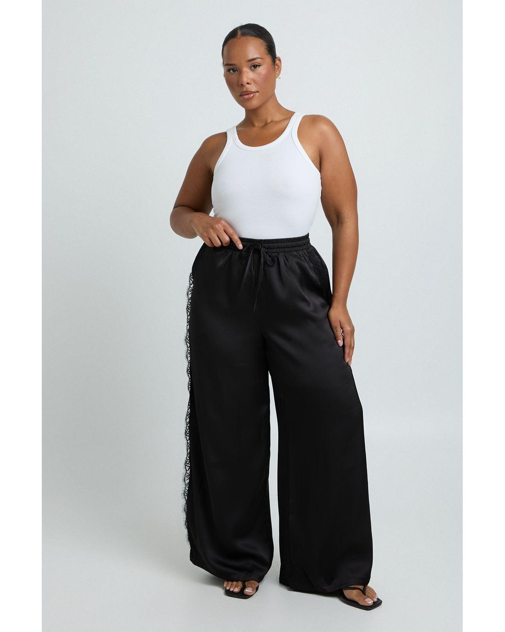 Boohoo Black Plus Satin Eyelash Trim Straight Leg Trouser