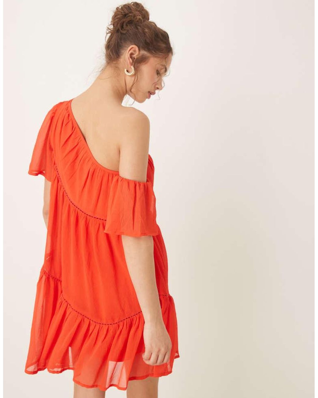 ASOS Red One Shoulder Chiffon Smock Mini Dress With Ladder Trims
