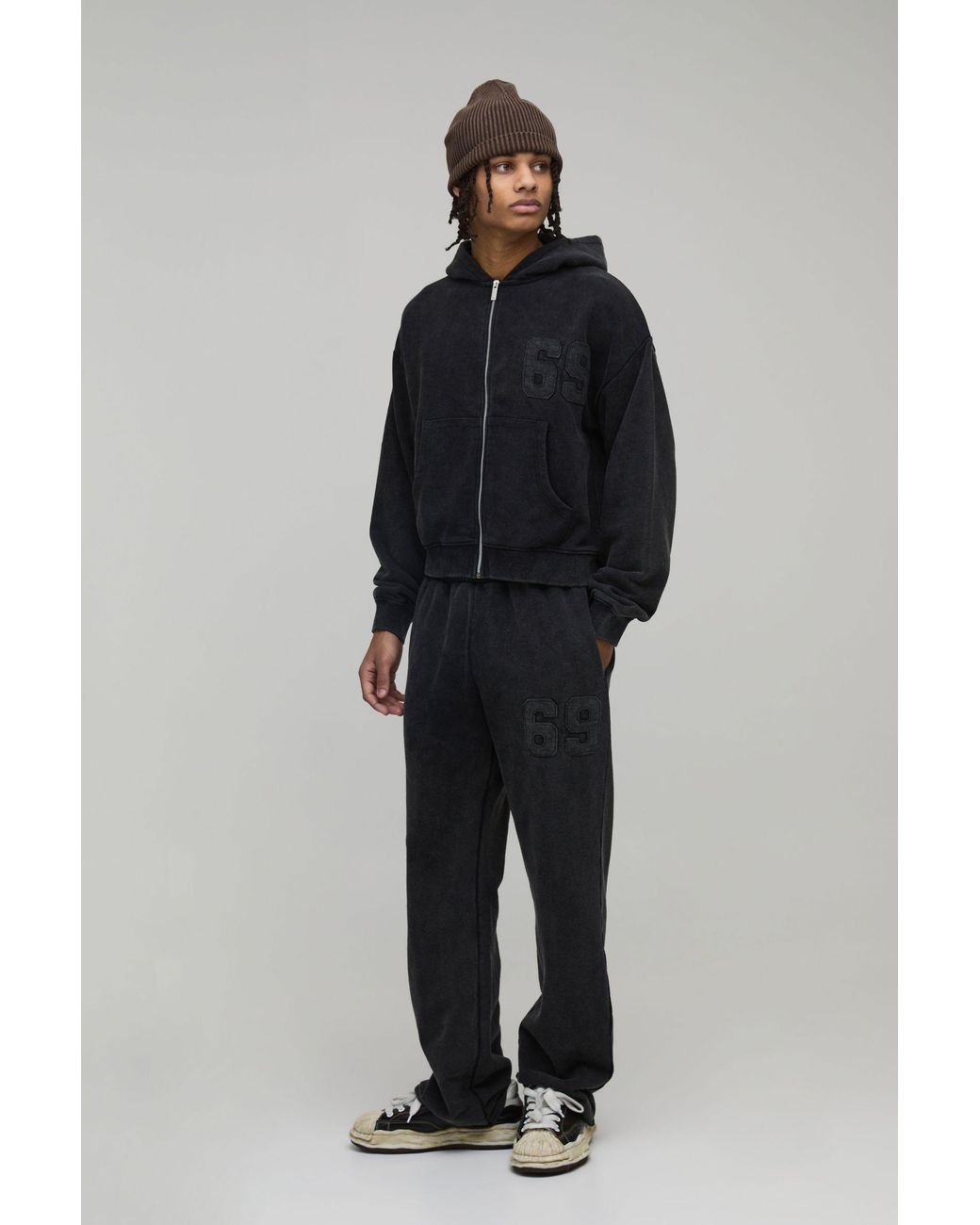 BoohooMAN Blue Shrunken Fit Applique Distressed Washed Hooded Loopback Zip Through Tracksuit for men