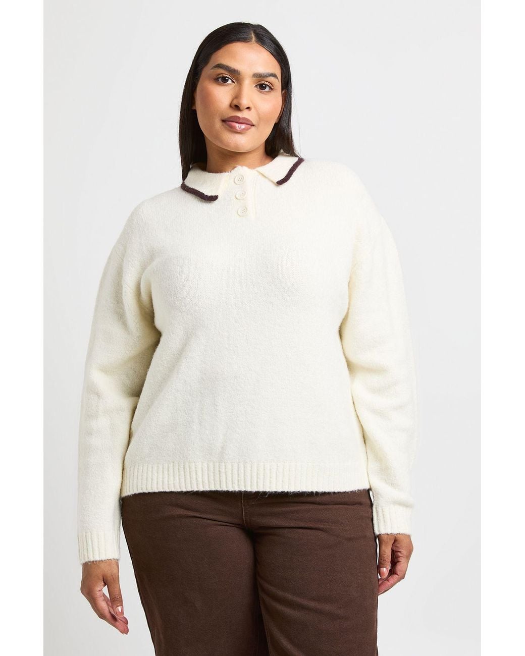 Boohoo White Plus Contrast Collar Chunky Knitted Jumper