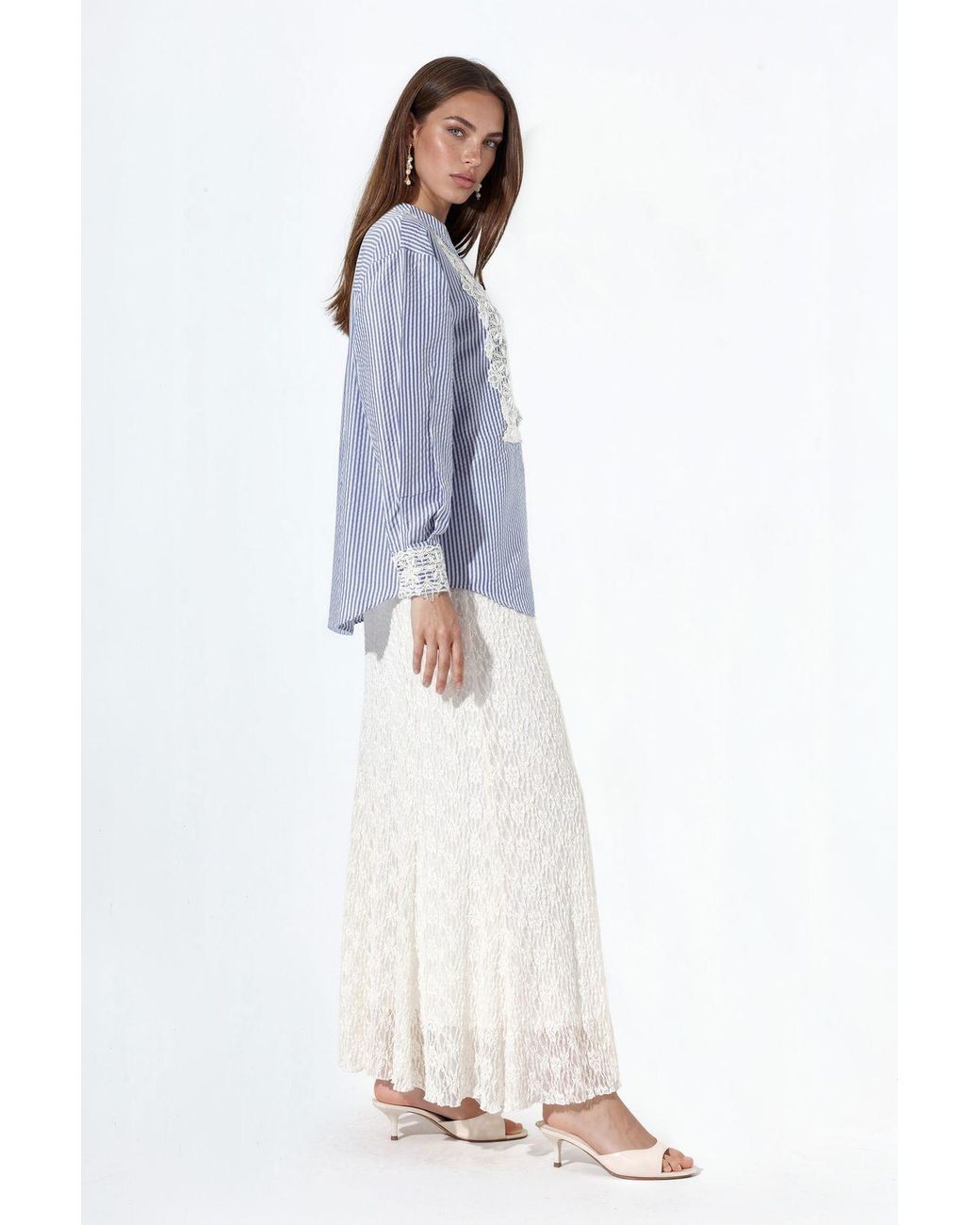 Msn-Collection Blue Striped Woven Shirt-Collar T-Shirt