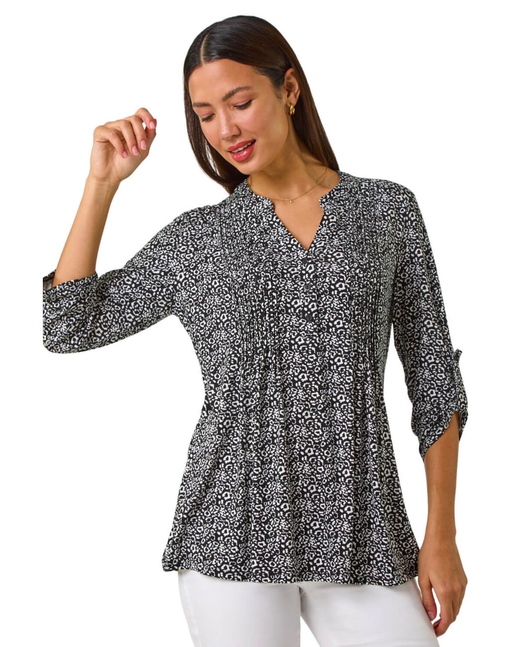 Roman Gray Animal Print Pintuck Shirt