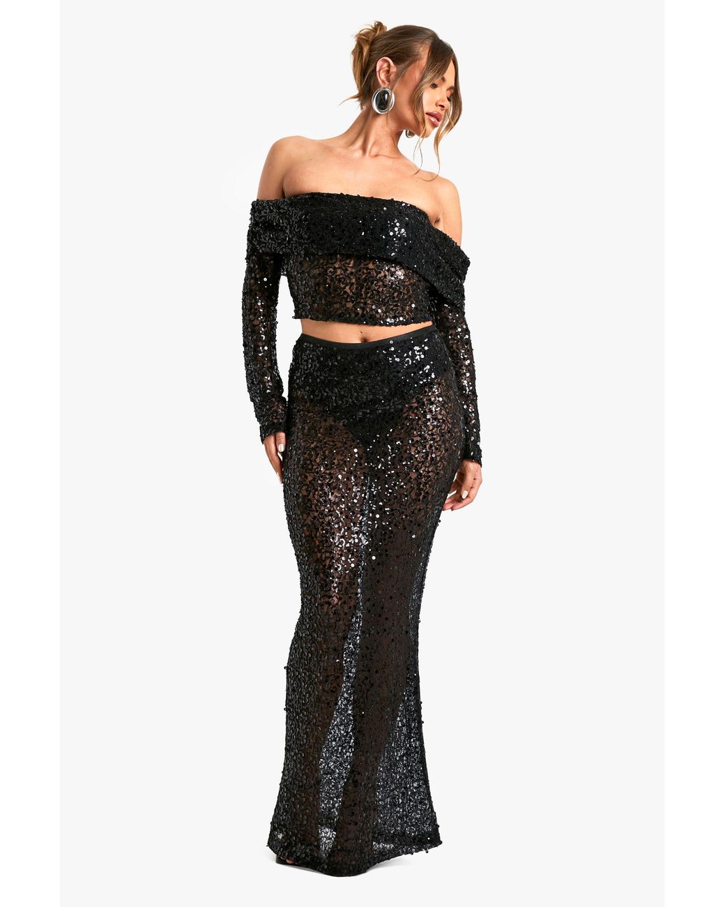 Boohoo Black Sequin Beaded Lace Maxi Skirt