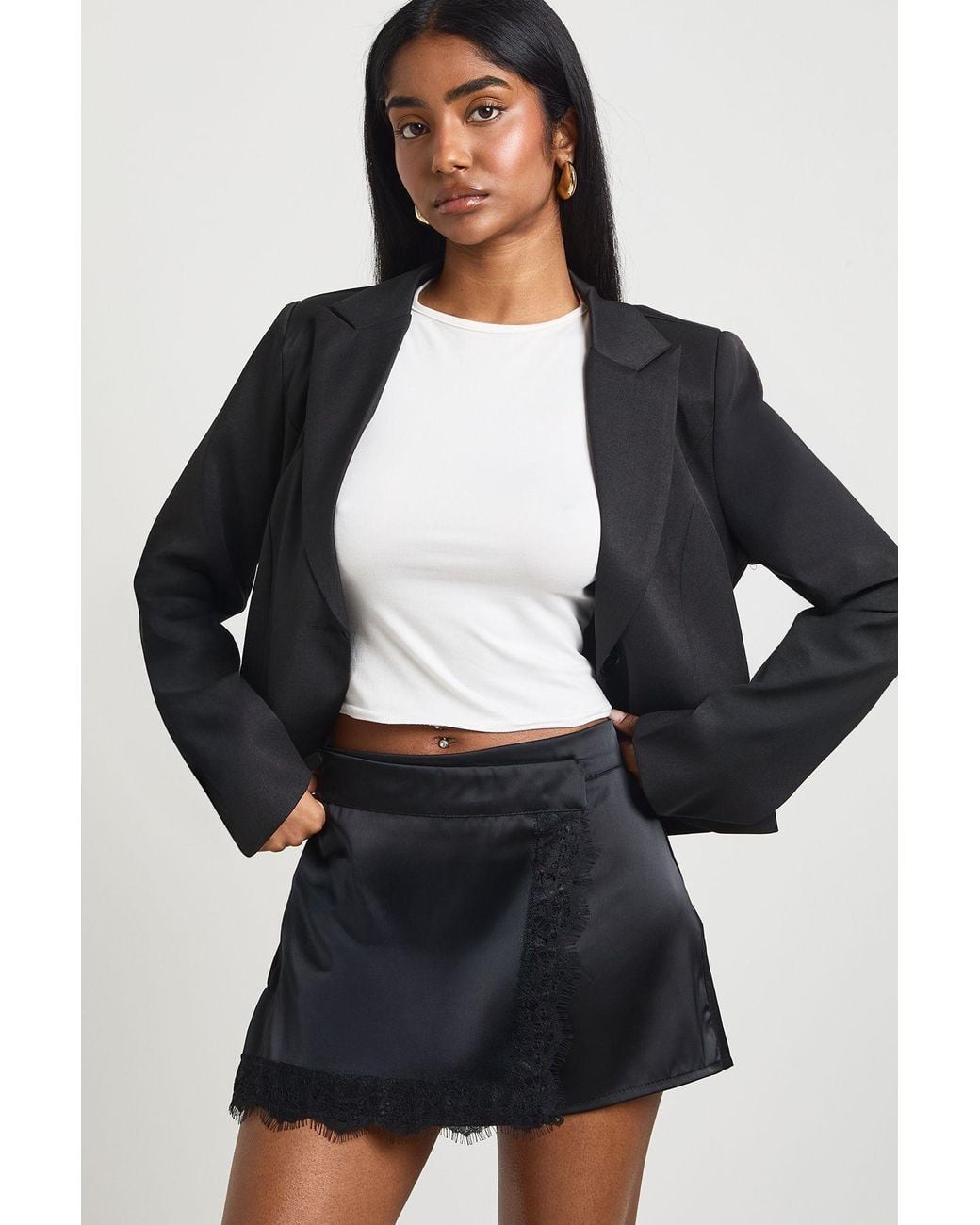 Boohoo Black Satin Lace Trim Skort
