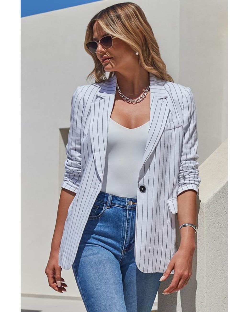 Sosandar White Ivory Pinstripe Linen Blend Relaxed Fit Blazer