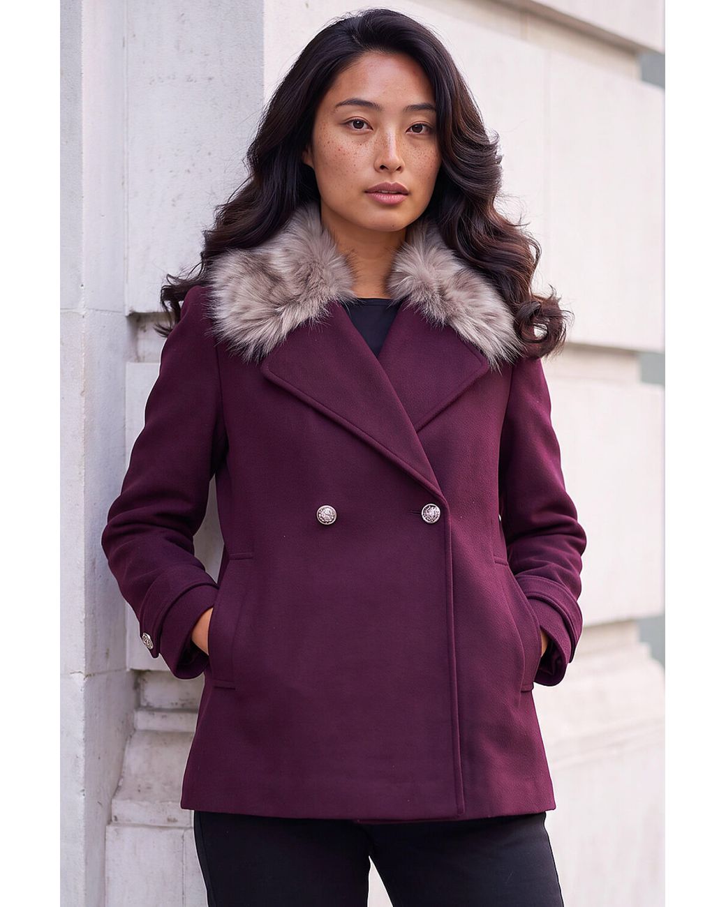 Roman Purple Petite Fur Collar Coat