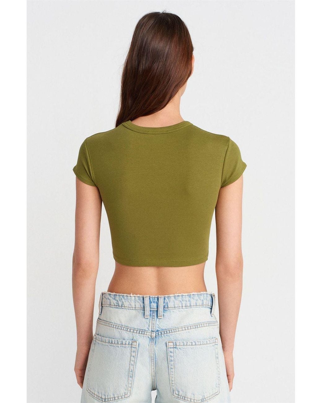 Dilvin Green Slim Fit Crop Crew Neck T-Shirt