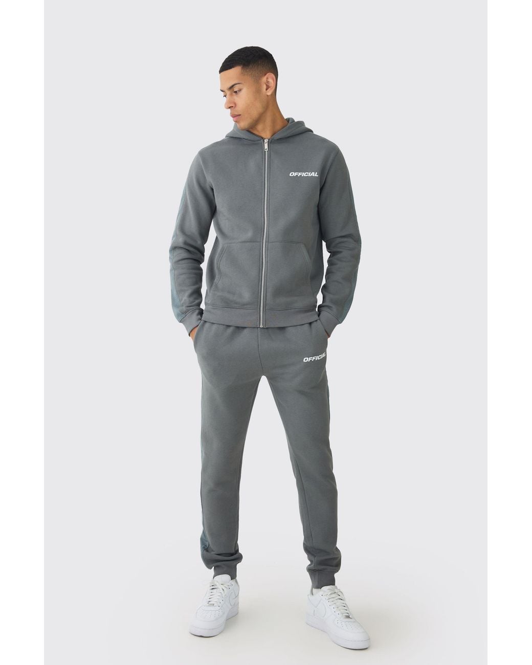 BoohooMAN Gray Slim Fit Official Zip Through Mesh Panelled Hooded Tracksuit for men